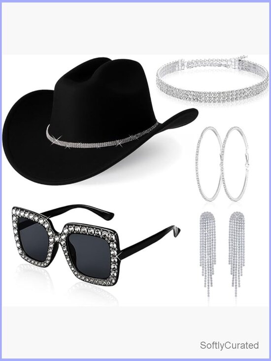 5-Piece Disco Cowgirl Hat Set Rhinestone Necklace Earrings Sunglasses Costume